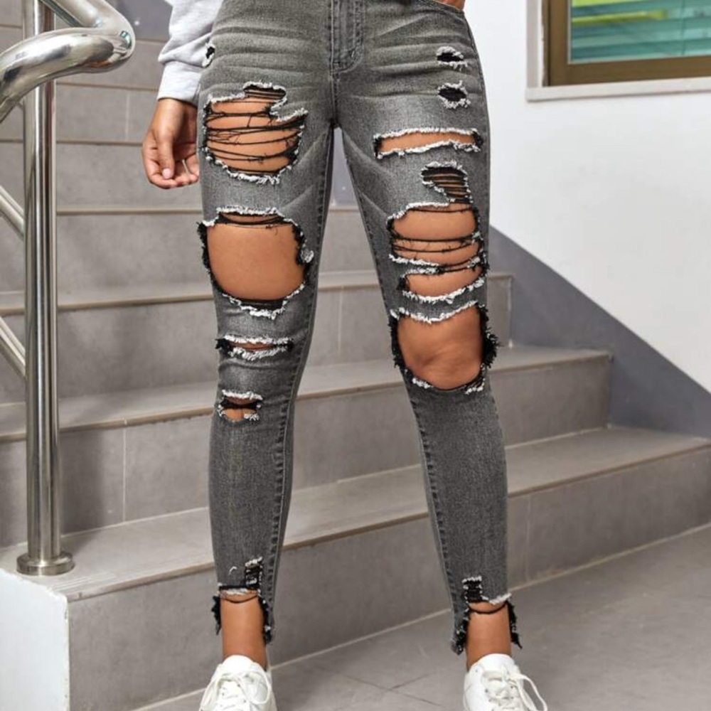 High Waisted Ripped Raw Hem Cutout Skinny Jeans